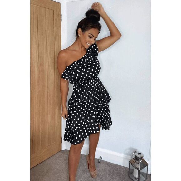 One Shoulder Ruffle Cute Polka Dot Elastic Waist Hi-Lo Flowy Dress SIZE M NEW - Picture 14 of 16